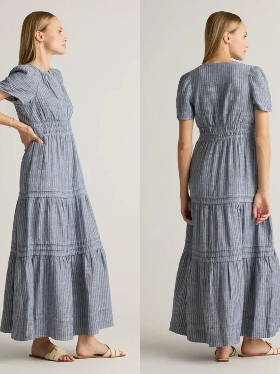 Quince Womens 100% European Linen Tiered Maxi Dress Chambray Stripe XL - Picture 3 of 11